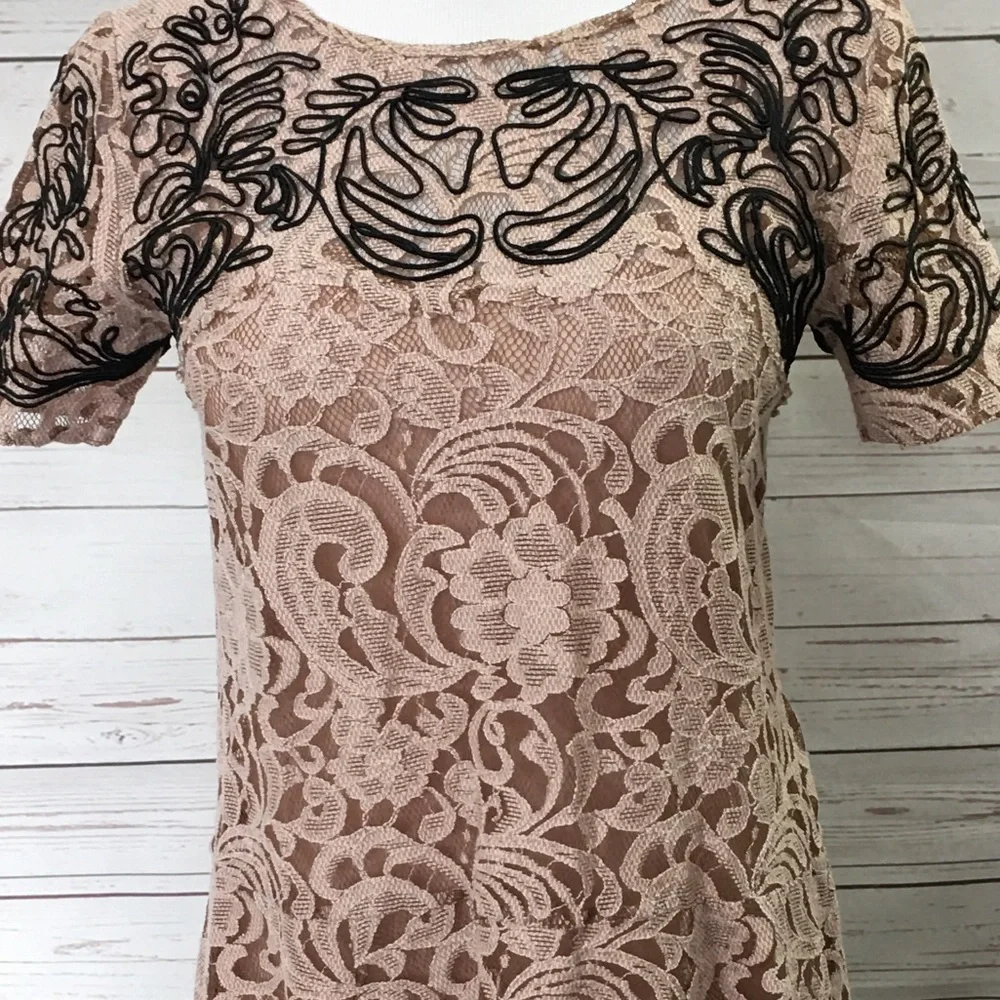 FREE PEOPLE Beautiful Dreamer Cream Floral Lace Black Boho Embroidered Dresss